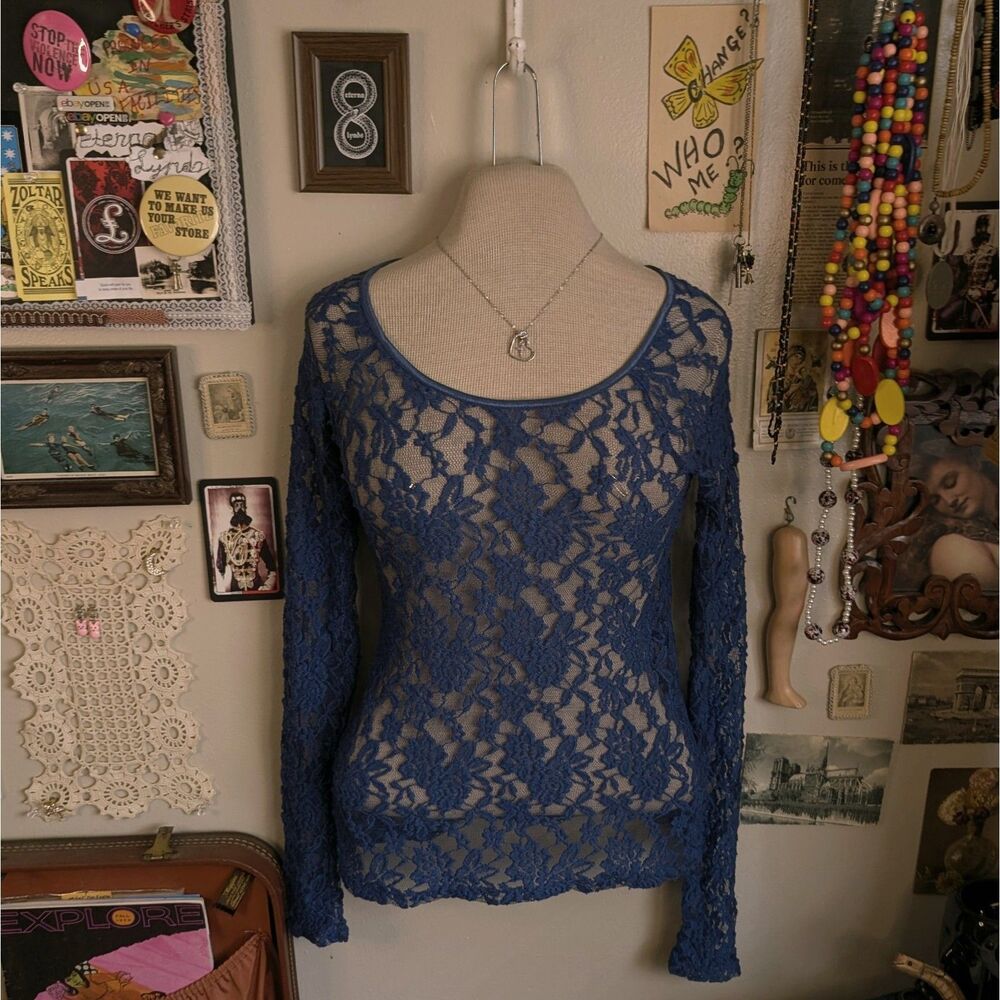 Vintage Delia's Sheer Lace Long Sleeve T-Shirt Women's Small Blue